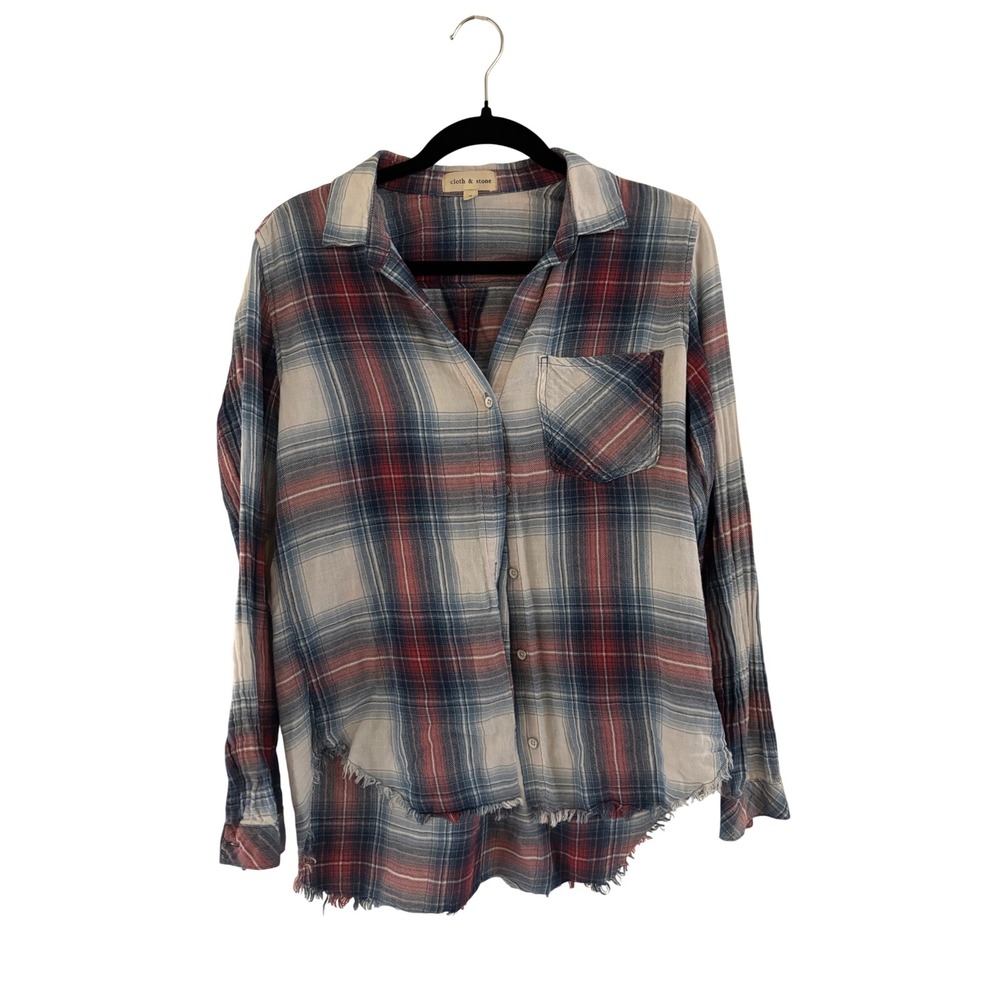 Cloth & Stone Plaid Raw Hem Button Down Shirt Blue Red S